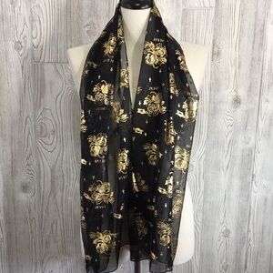 SHEER Scarf Roses Crosses & Jesus Black & Gold Metallic 60 inch